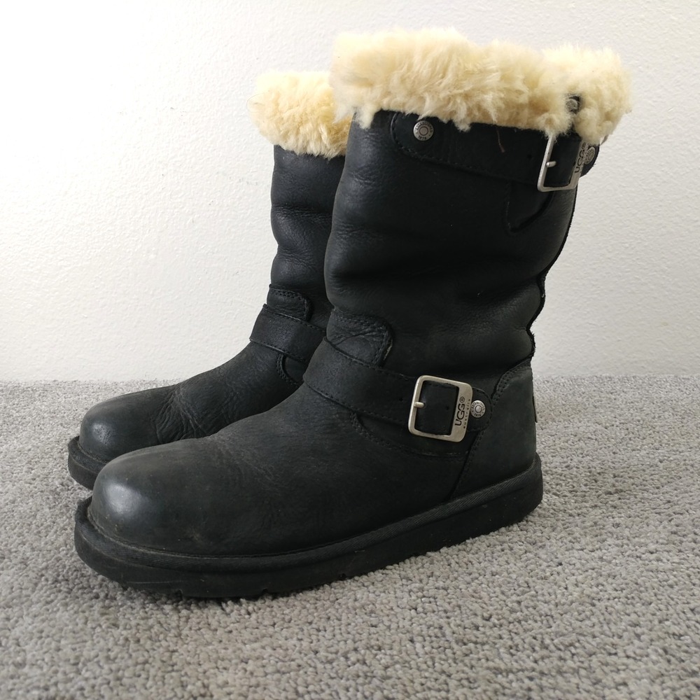 UGG Kensington Moto Biker Boots Womens 6 Black Mid-Calf Buckle Lined 5678